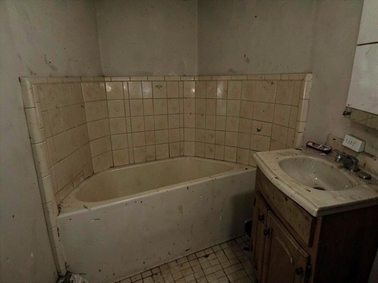 Outdated bathroom with fiberglass tub surround before renovation