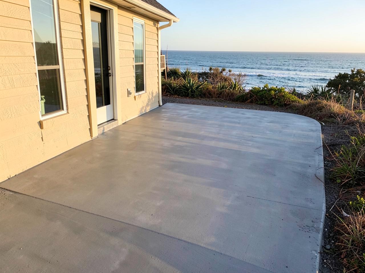 Newly finished residential concrete patio beside a coastal home