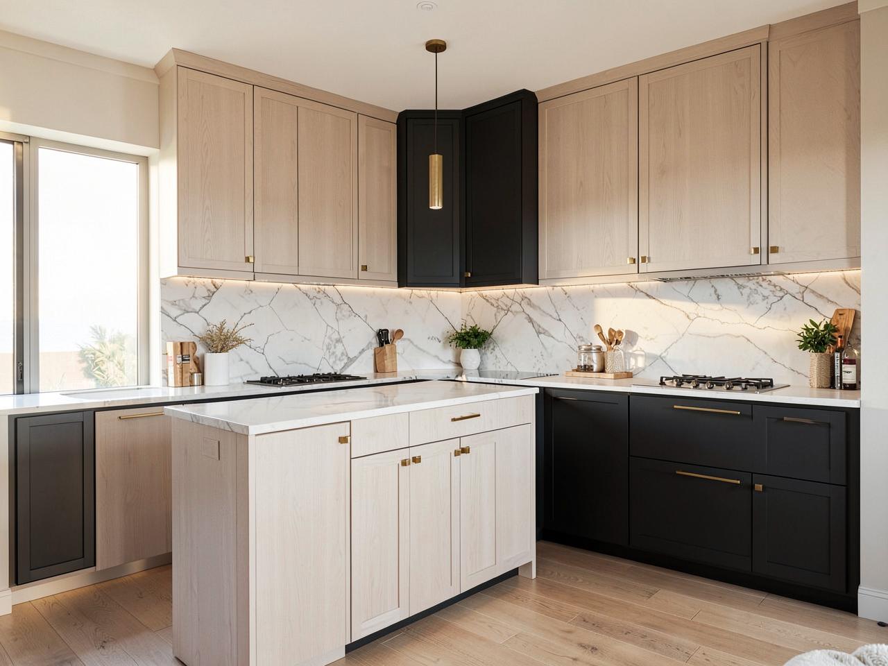 Completed kitchen remodel with oak cabinetry and stone counters