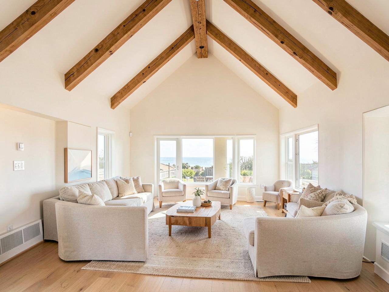 Completed whole-home renovation with vaulted ceiling and wood beam detailing